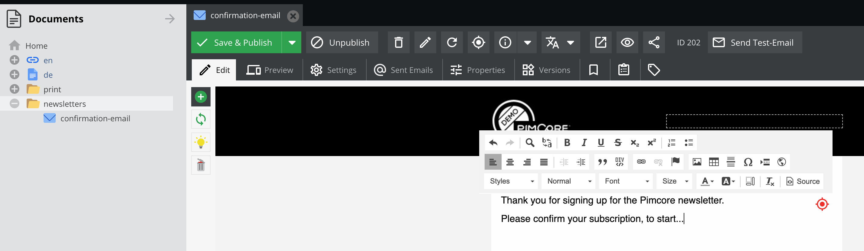 Editing the email document